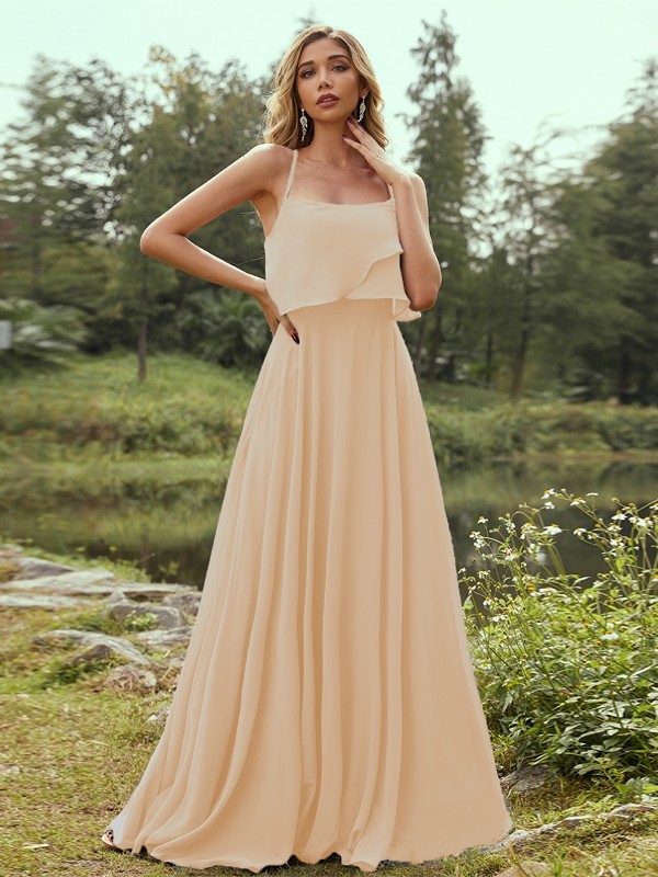 A-Line/Princess Chiffon Ruffles Spaghetti Straps Sleeveless Floor-Length Bridesmaid Dresses 2213