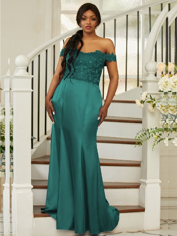 Sheath/Column Silk like Satin Applique Off-the-Shoulder Sleeveless Sweep/Brush Train Bridesmaid Dresses 3051