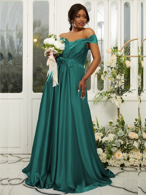 A-Line/Princess Silk like Satin Ruffles Off-the-Shoulder Sleeveless Sweep/Brush Train Bridesmaid Dresses 2482