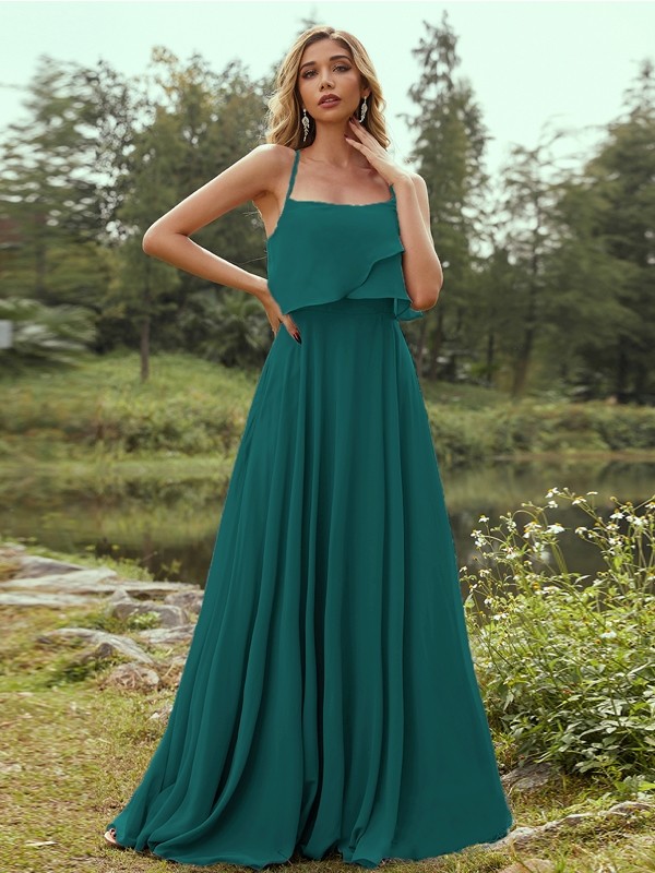 A-Line/Princess Chiffon Ruffles Spaghetti Straps Sleeveless Floor-Length Bridesmaid Dresses 2213