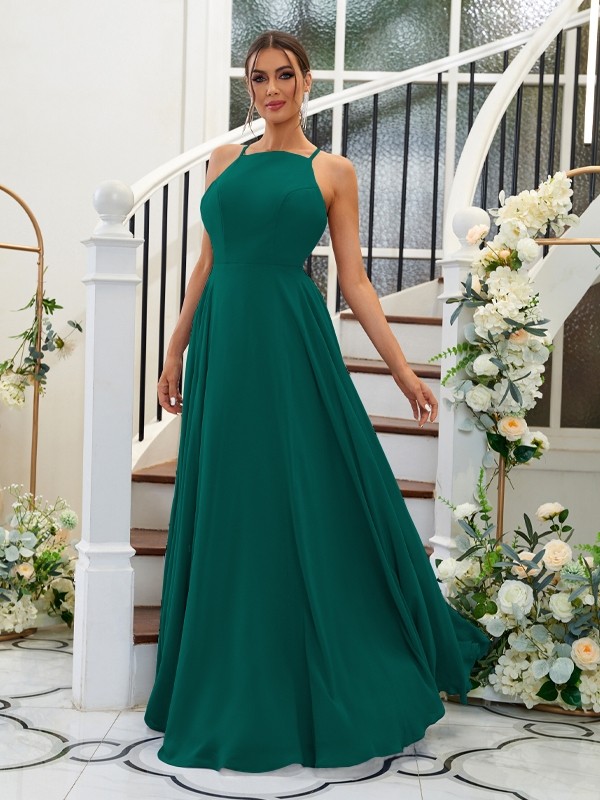 A-Line/Princess Chiffon Ruffles Halter Sleeveless Floor-Length Bridesmaid Dresses 2195