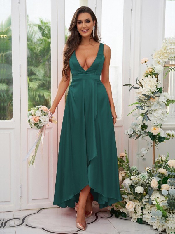 A-Line/Princess Silk like Satin Ruffles V-neck Sleeveless Ankle-Length Bridesmaid Dresses 2489