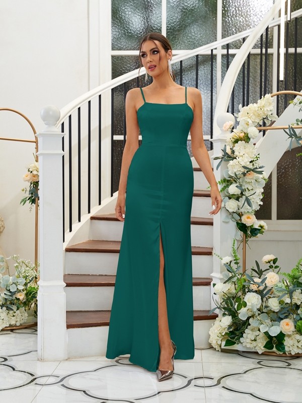 A-Line/Princess Silk like Satin Ruffles Spaghetti Straps Sleeveless Floor-Length Bridesmaid Dresses 2484