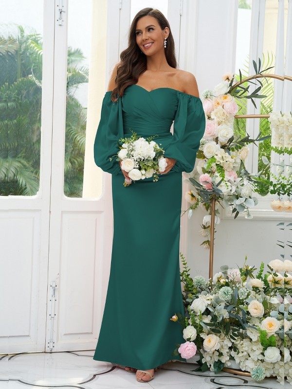 Sheath/Column Silk like Satin Ruched Off-the-Shoulder Long Sleeves Floor-Length Bridesmaid Dresses 3054