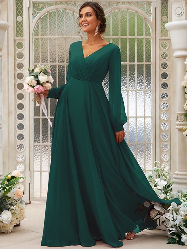 A-Line/Princess Chiffon Ruched V-neck Long Sleeves Floor-Length Bridesmaid Dresses 2169