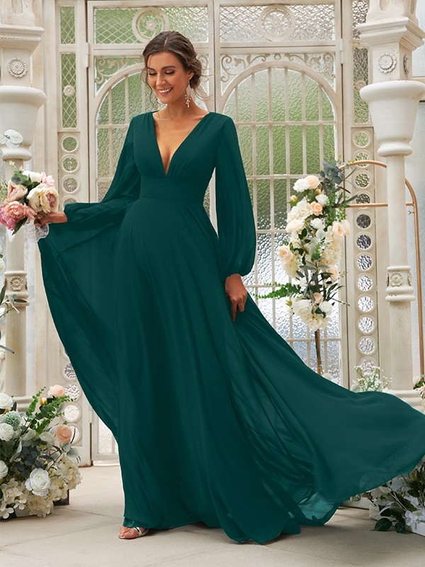 A-Line/Princess Chiffon Ruffles V-neck Long Sleeves Sweep/Brush Train Bridesmaid Dresses 2219