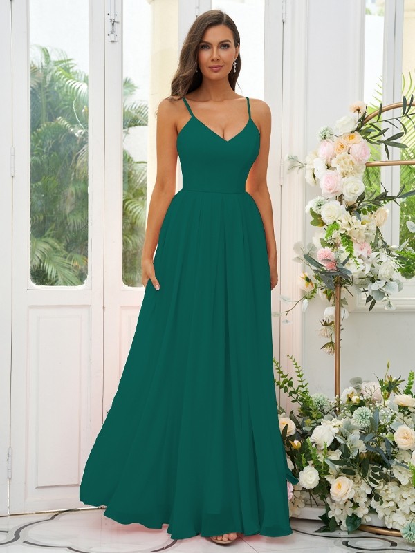 A-Line/Princess Chiffon Ruffles V-neck Sleeveless Floor-Length Bridesmaid Dresses 2241