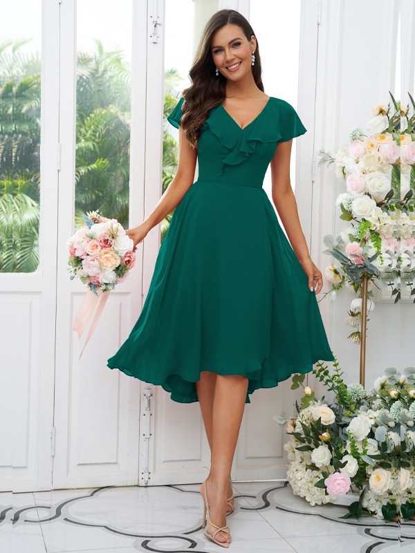 A-Line/Princess Chiffon Ruffles V-neck Short Sleeves Asymmetrical Bridesmaid Dresses 2221