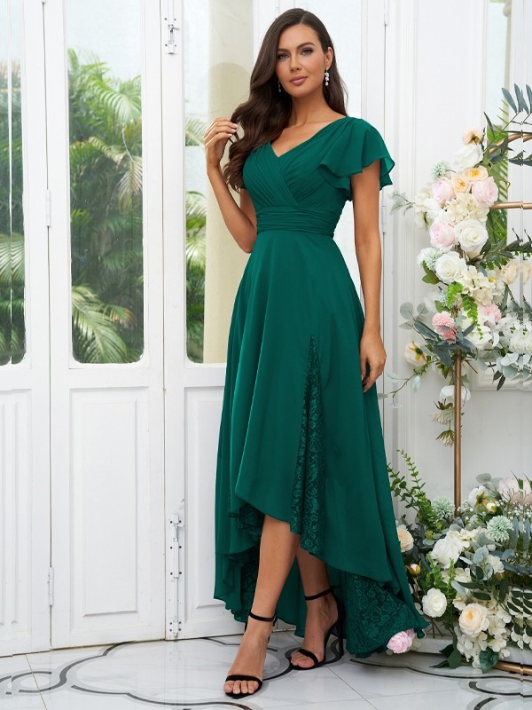 A-Line/Princess Chiffon Lace V-neck Short Sleeves Asymmetrical Bridesmaid Dresses 2151