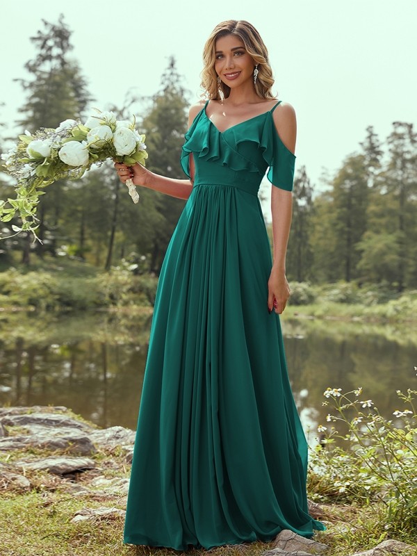 A-Line/Princess Chiffon Ruffles V-neck Sleeveless Floor-Length Bridesmaid Dresses 2233