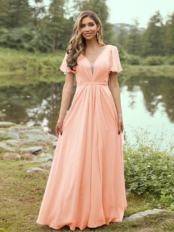 A-Line/Princess Chiffon Ruffles V-neck Short Sleeves Floor-Length Bridesmaid Dresses 2223