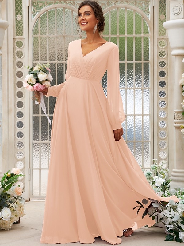 A-Line/Princess Chiffon Ruched V-neck Long Sleeves Floor-Length Bridesmaid Dresses 2169