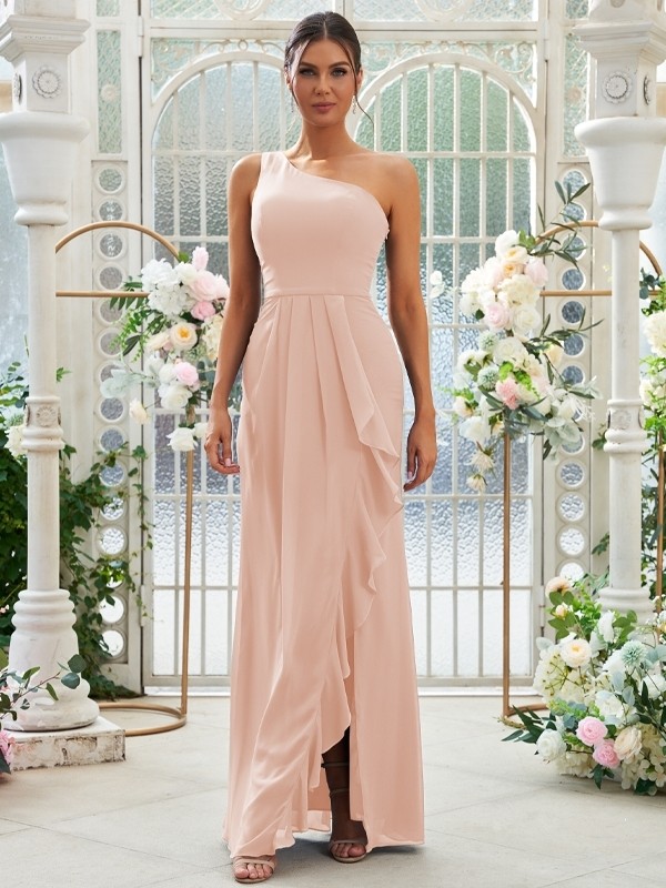 Sheath/Column Chiffon Ruffles One-Shoulder Sleeveless Floor-Length Bridesmaid Dresses 2914