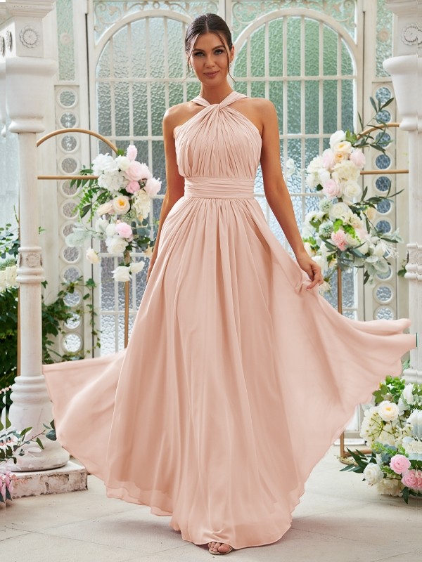 A-Line/Princess Chiffon Ruched Halter Sleeveless Floor-Length Bridesmaid Dresses 2154