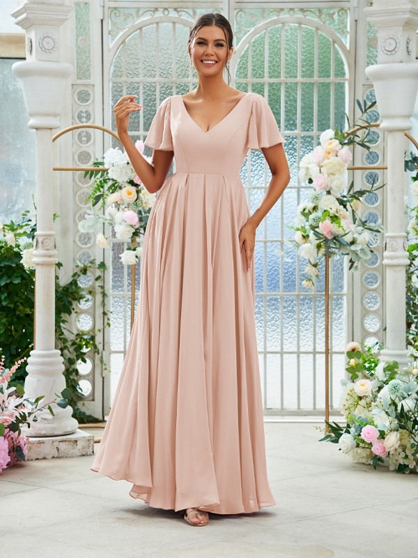 A-Line/Princess Chiffon Ruffles V-neck Short Sleeves Floor-Length Bridesmaid Dresses 2226