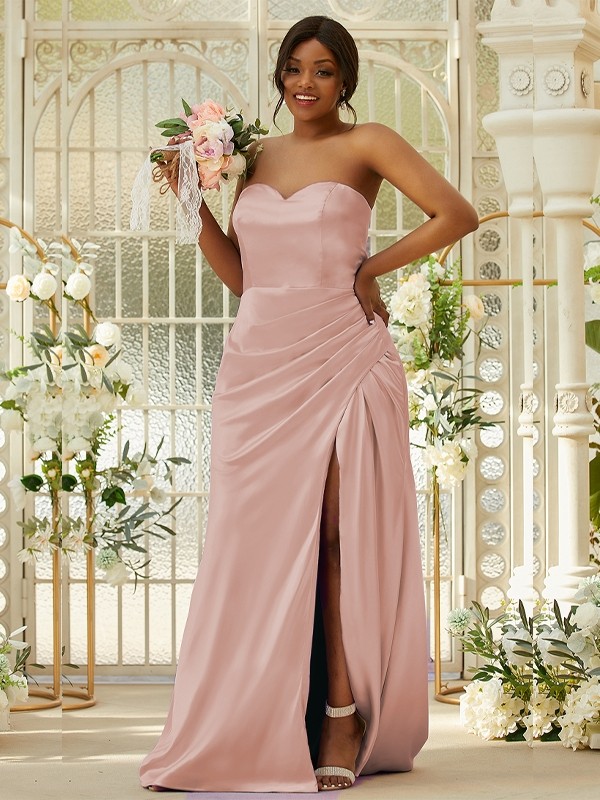 Sheath/Column Silk like Satin Ruched Sweetheart Sleeveless Sweep/Brush Train Bridesmaid Dresses 3079