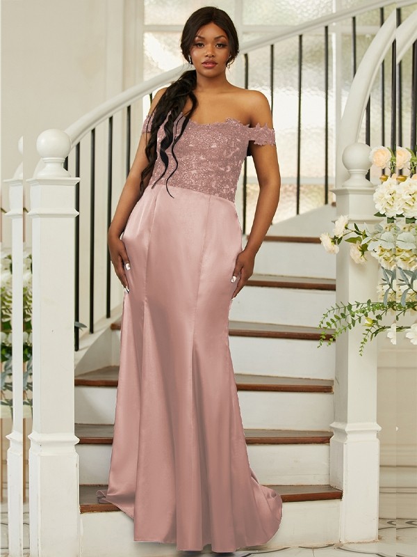 Sheath/Column Silk like Satin Applique Off-the-Shoulder Sleeveless Sweep/Brush Train Bridesmaid Dresses 3051