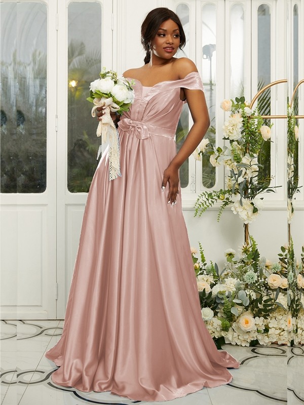 A-Line/Princess Silk like Satin Ruffles Off-the-Shoulder Sleeveless Sweep/Brush Train Bridesmaid Dresses 2482