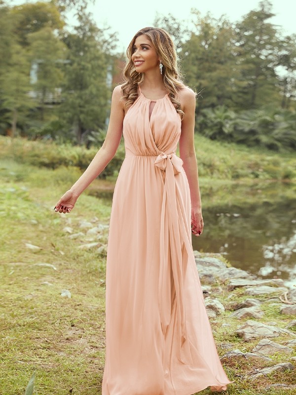 A-Line/Princess Chiffon Ruffles Halter Sleeveless Sweep/Brush Train Bridesmaid Dresses 2196