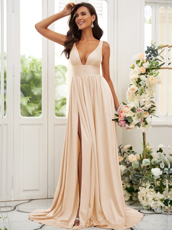 A-Line/Princess Jersey Ruffles V-neck Sleeveless Sweep/Brush Train Bridesmaid Dresses 2332