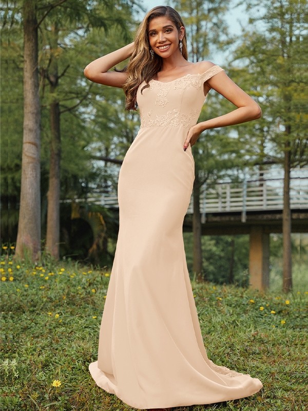 Sheath/Column Jersey Applique Off-the-Shoulder Sleeveless Sweep/Brush Train Bridesmaid Dresses 2954