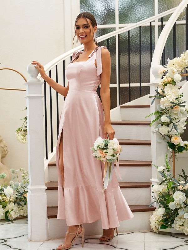 A-Line/Princess Silk like Satin Ruffles Straps Sleeveless Ankle-Length Bridesmaid Dresses 2486