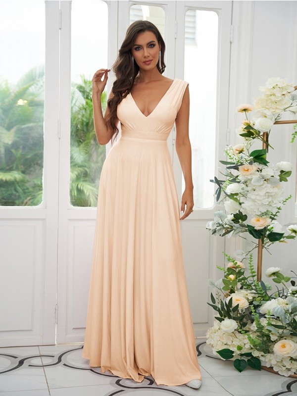 A-Line/Princess Jersey Ruffles V-neck Sleeveless Floor-Length Bridesmaid Dresses 2330