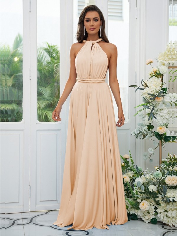 A-Line/Princess Jersey Ruffles Halter Sleeveless Floor-Length Convertible Bridesmaid Dresses 2324