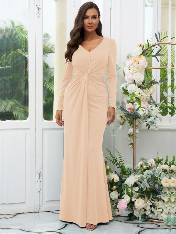 Sheath/Column Jersey Ruched V-neck Long Sleeves Floor-Length Bridesmaid Dresses 2966