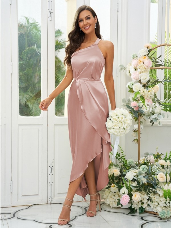 A-Line/Princess Silk like Satin Ruched One-Shoulder Sleeveless Tea-Length Bridesmaid Dresses 2471