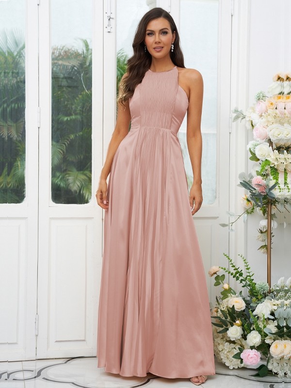 A-Line/Princess Silk like Satin Ruffles Halter Sleeveless Floor-Length Bridesmaid Dresses 2480