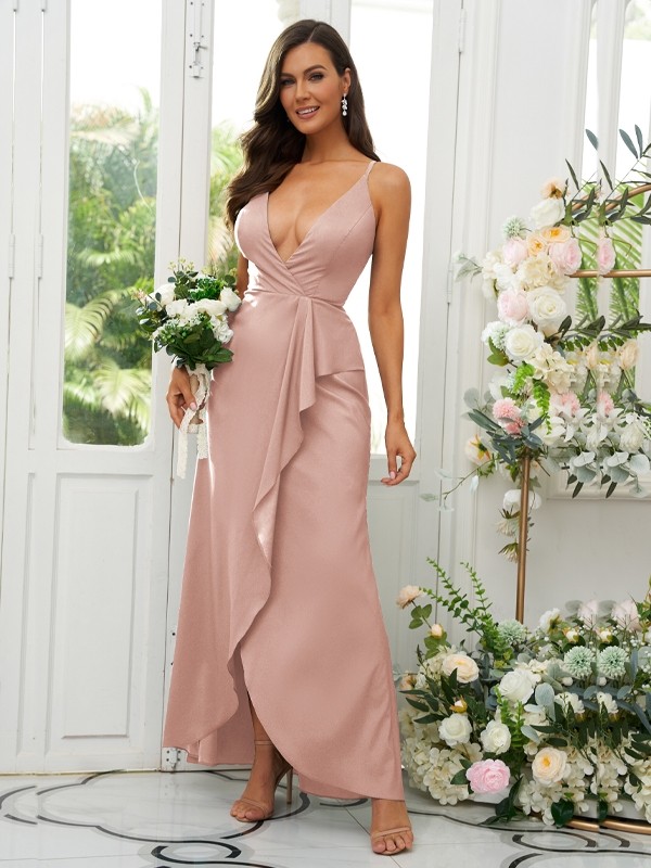 A-Line/Princess Silk like Satin Ruffles V-neck Sleeveless Floor-Length Bridesmaid Dresses 2492