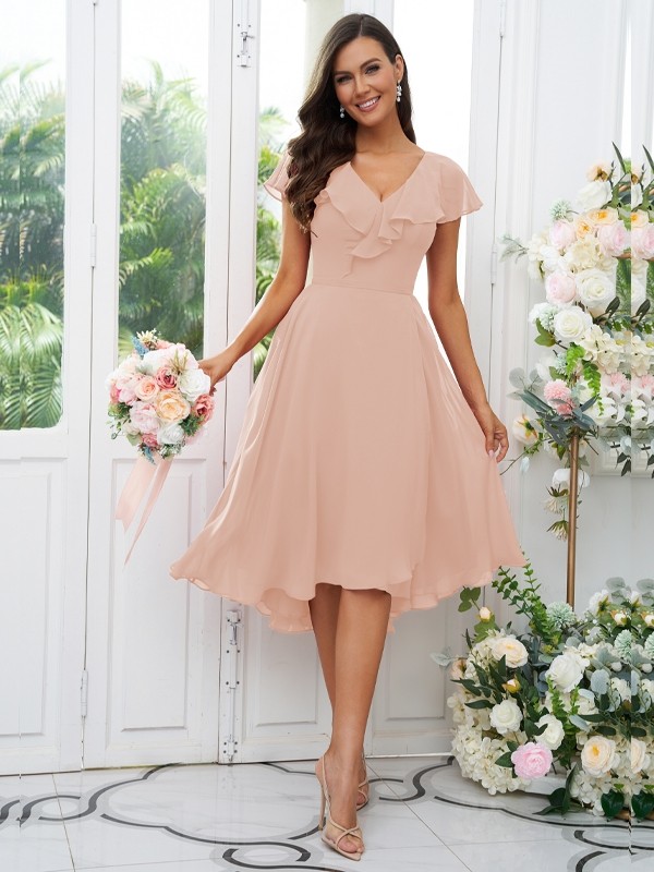 A-Line/Princess Chiffon Ruffles V-neck Short Sleeves Asymmetrical Bridesmaid Dresses 2221