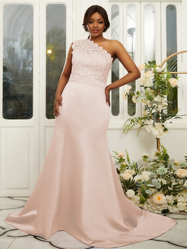 Sheath/Column Satin Lace One-Shoulder Sleeveless Sweep/Brush Train Bridesmaid Dresses 3017