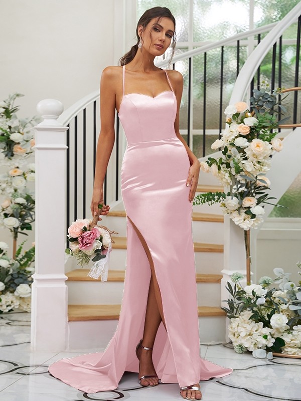 Sheath/Column Elastic Woven Satin Ruched Square Sleeveless Sweep/Brush Train Bridesmaid Dresses 2932