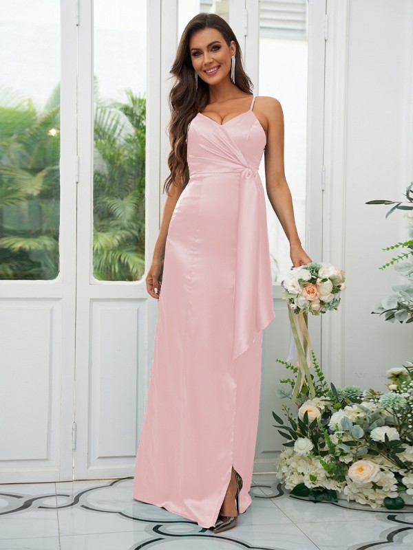 A-Line/Princess Elastic Woven Satin Ruched Spaghetti Straps Sleeveless Floor-Length Bridesmaid Dresses 2254