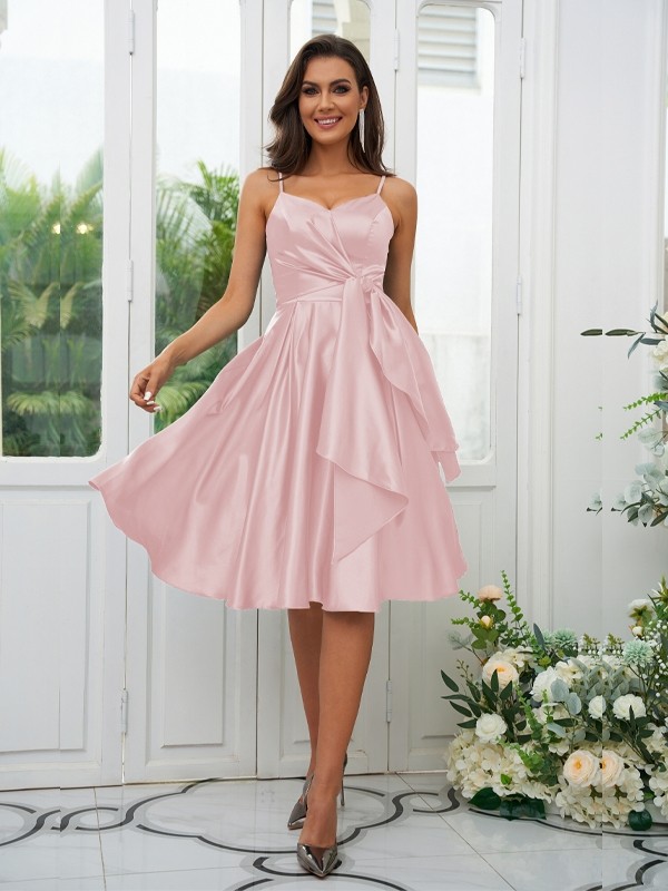 A-Line/Princess Elastic Woven Satin Ruffles Spaghetti Straps Sleeveless Knee-Length Bridesmaid Dresses 2259