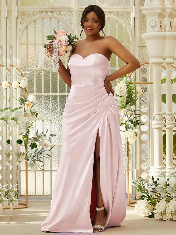 Sheath/Column Silk like Satin Ruched Sweetheart Sleeveless Sweep/Brush Train Bridesmaid Dresses 3079