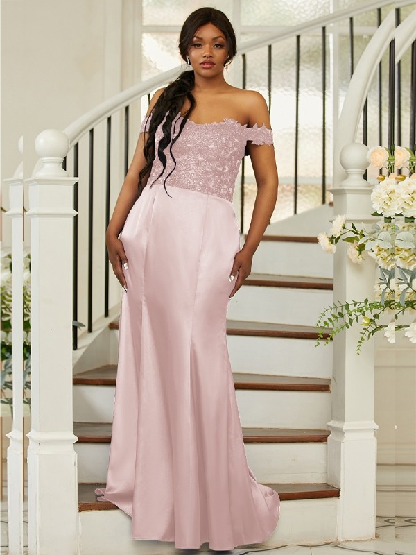 Sheath/Column Silk like Satin Applique Off-the-Shoulder Sleeveless Sweep/Brush Train Bridesmaid Dresses 3051