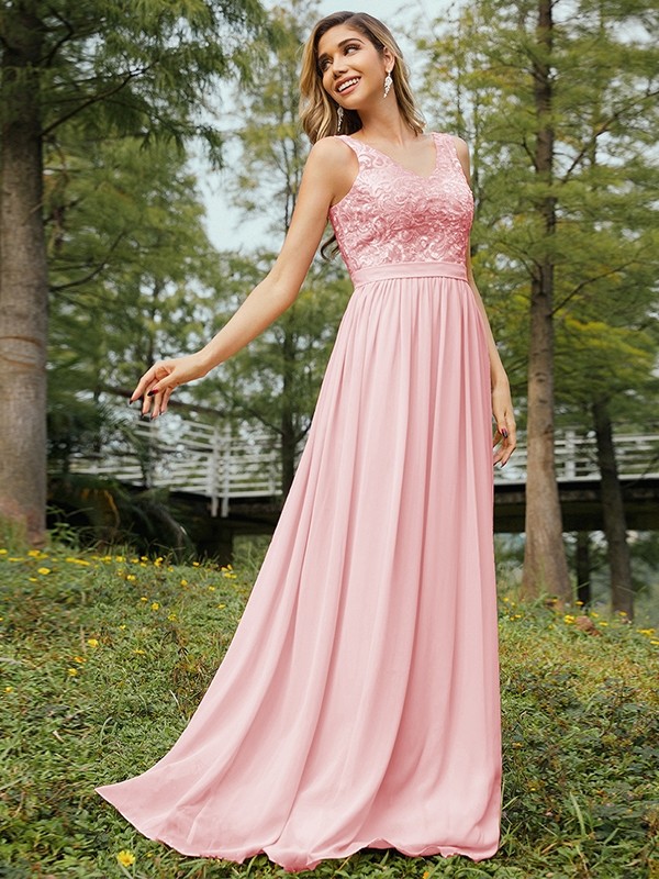 A-Line/Princess Chiffon Lace V-neck Sleeveless Floor-Length Bridesmaid Dresses 2152