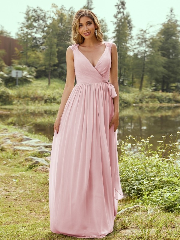 A-Line/Princess Chiffon Ruffles V-neck Sleeveless Floor-Length Bridesmaid Dresses 2235