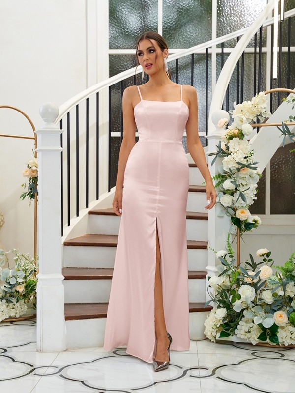 A-Line/Princess Silk like Satin Ruffles Spaghetti Straps Sleeveless Floor-Length Bridesmaid Dresses 2484