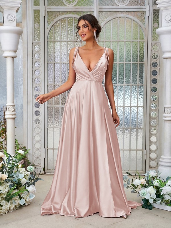 A-Line/Princess Silk like Satin Ruffles V-neck Sleeveless Sweep/Brush Train Bridesmaid Dresses 2494