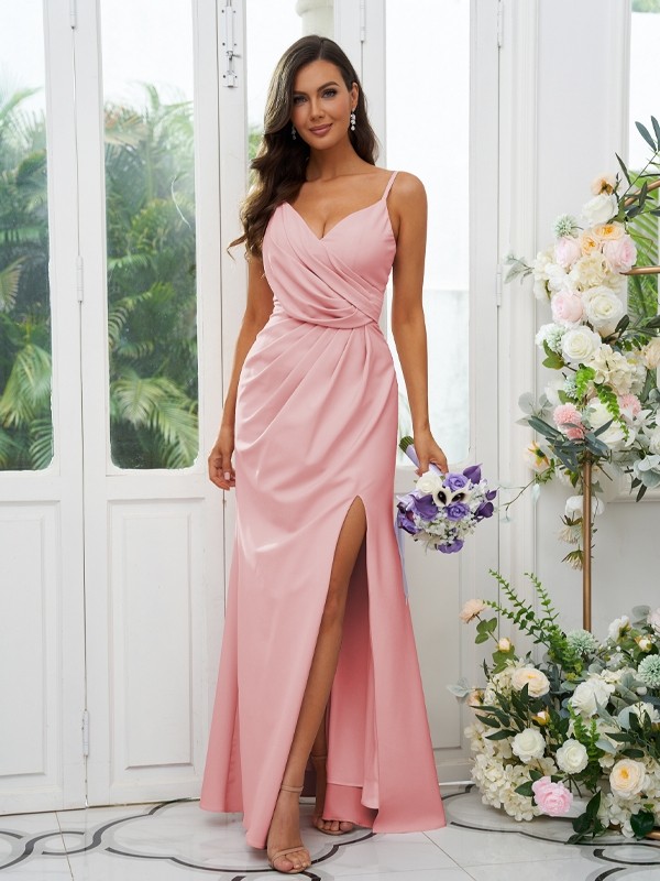 A-Line/Princess Stretch Crepe Ruched V-neck Sleeveless Floor-Length Bridesmaid Dresses 2660