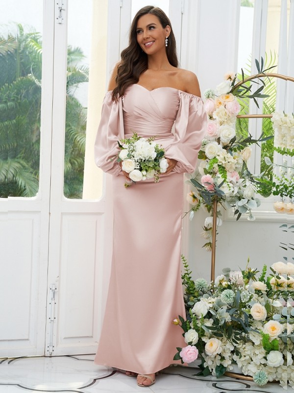 Sheath/Column Silk like Satin Ruched Off-the-Shoulder Long Sleeves Floor-Length Bridesmaid Dresses 3054