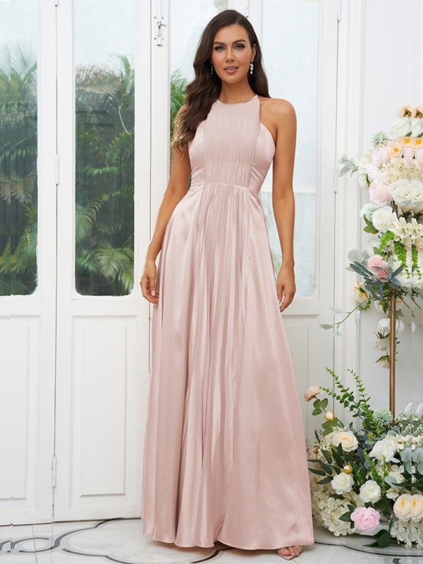 A-Line/Princess Silk like Satin Ruffles Halter Sleeveless Floor-Length Bridesmaid Dresses 2480