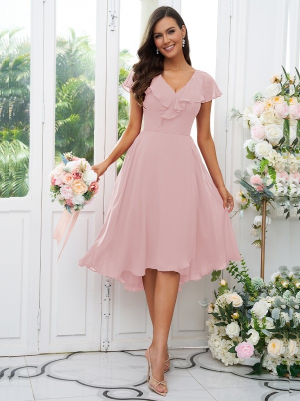 A-Line/Princess Chiffon Ruffles V-neck Short Sleeves Asymmetrical Bridesmaid Dresses 2221