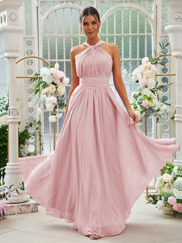 A-Line/Princess Chiffon Ruched Halter Sleeveless Floor-Length Bridesmaid Dresses 2154