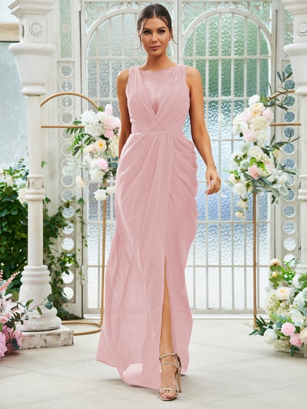 Sheath/Column Chiffon Ruched Scoop Sleeveless Floor-Length Bridesmaid Dresses 2904