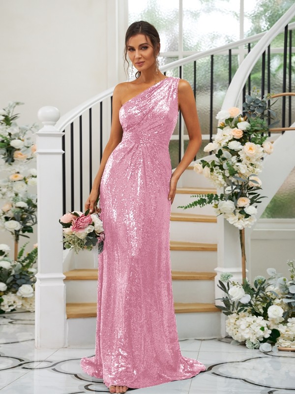 Sheath/Column Sequins Ruched One-Shoulder Sleeveless Sweep/Brush Train Bridesmaid Dresses 3042